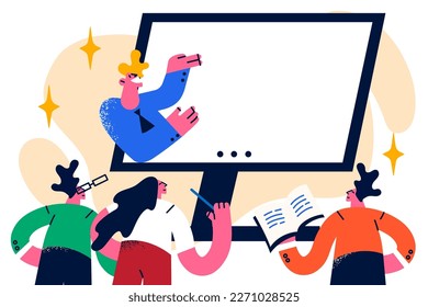 People getting distance education together looking at monitor with online university teacher. Men and women watch webinar wanting to get additional education and improve their professional skills 