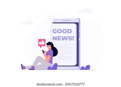 People getting good news concept, positive information from phone. Flat vector illustration