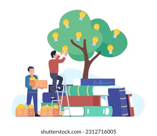People getting ideas from books. Knowledge as source of invention. Men growing tree with inspiration lamps. Education literature. Lightbulbs boxes. Creative brainstorm