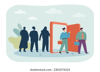 People getting job vector illustration. Office workers walking through door, unemployed people staying behind. Job creation, low unemployment rate, economy, America concept