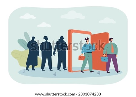 People getting job vector illustration. Office workers walking through door, unemployed people staying behind. Job creation, low unemployment rate, economy, America concept