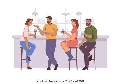 People getting to know each other in bar. Vector isolated friends talking and drinking beer and wine. Men and women having fun on weekends, spending evening together. Social event or outing