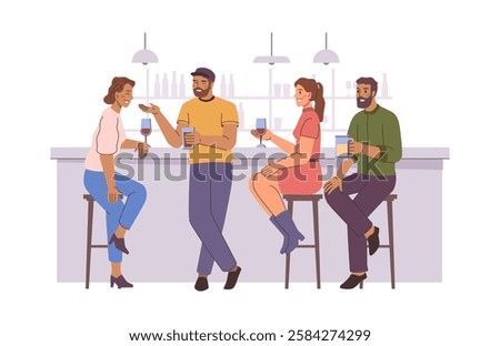 People getting to know each other in bar. Vector isolated friends talking and drinking beer and wine. Men and women having fun on weekends, spending evening together. Social event or outing