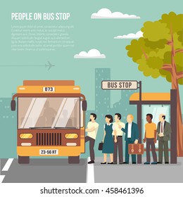 People getting on bus at shelter stop in city flat poster with information on transportation vector illustration