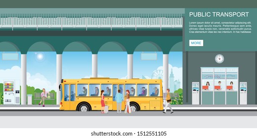 People Getting On Bus At Bus Terminal, City Public Transport Service With People Waiting At Bus Stop Shelter, Vector Illustration.