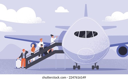 La gente sale a volar. Hombres y mujeres con equipaje entran en la cabina de las aeronaves. Viajes y turismo, transporte rápido. Afiche o cartel para el sitio web. Industria de la aviación. Dibujo vectorial plano de dibujos animados