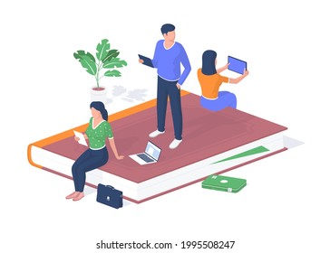 People getting online education. Students with tablets listen lecture. Laptop and briefcase on floor. Video conferences and scientific presentations via internet. Vector isometric realism