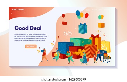 People getting presents and gift boxes at store sale, vector illustration. Online shop website design, holiday discount concept. Cartoon characters buying gifts, people shopping online, present sale