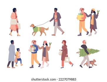 People getting ready for Christmas semi flat color vector characters set. Editable figures. Full body people on white. Simple cartoon style illustration bundle for web graphic design and animation