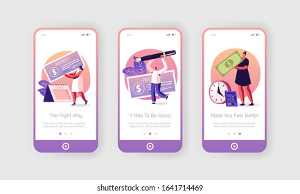 People Getting and Signing Paycheck Mobile App Page Onboard Screen Set. Calendar with Payday, Bank Loan or Tax Payment, Lottery Win Concept for Website or Web Page. Cartoon Flat Vector Illustration