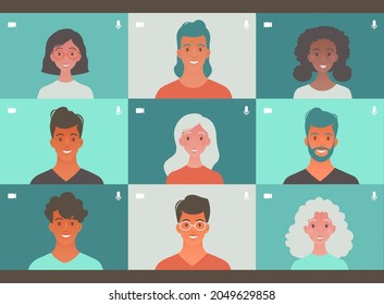 People getting together through video call. Virtual meeting and learning via teleconference. Online communication concept vector illustration