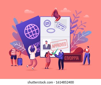 People Getting Visa Concept. Travelers and Tourists Making Document for Leaving Country and Travel Abroad. Foreign and Native Passport, Traveling Immigration Stamp. Cartoon Flat Vector Illustration