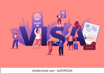 People Getting Visa Concept. Travelers and Tourists Making Document for Leaving Country and Travel Abroad. Foreign and Native Passport Poster Banner Flyer Brochure. Cartoon Flat Vector Illustration