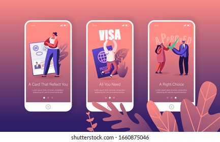 People Getting Visa Mobile App Page Onboard Screen Set. Travelers and Tourists Making Document for Leaving Country and Travel Abroad Concept for Website or Web Page. Cartoon Flat Vector Illustration