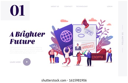 People Getting Visa Website Landing Page. Travelers and Tourists Making Document for Leaving Country and Travel Abroad. Foreign and Native Passport Web Page Banner. Cartoon Flat Vector Illustration