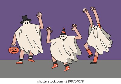 Ilustración de personajes dibujados a mano con disfraces fantasma