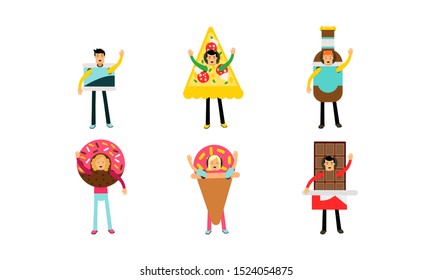 People In Giant Costumes Of Different Kinds Of Junk Food Set Of Vector Illustrations