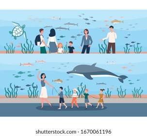 People at giant fish aquarium - school trip with female teacher and cartoon family with children looking at sea animals in big water tank. Flat banner set - vector illustration.