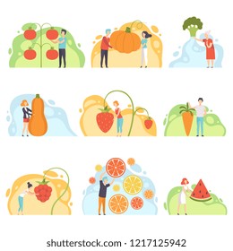 People with giant vegetables set, faceless man and woman standing next to huge vegetables and berries vector Illustration on a white background