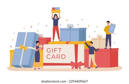 Gente con caja de regalo. Cajas de regalo gigantes y grupos de pequeños hombres y mujeres felices, tarjeta de regalo, cupón de descuento. Vector de caja de regalo y ilustración de personaje de caricatura feliz