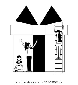 people with gift box present and stairs