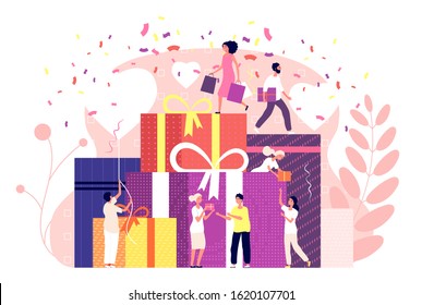 People gift boxes. Celebration presents, prize draw, promotion holiday gifts, winning box, men and women online shop marketing vector concept