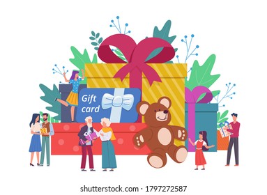 People with gift boxes. Giant box with presents and small people happy men and women, holiday event congratulate and surprise characters, discount coupon and gift certificate vector concept