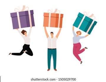 People with gift boxes. Happy women and man hold present box. Surprise vector illustration
