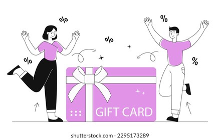 Personas con tarjeta de regalo. Hombre y mujer cerca de un vale o un cupón. Comercio electrónico y marketing en internet. Programa especial de ofertas y fidelización, bonificaciones y premios para clientes. Dibujo vectorial plano de dibujos animados