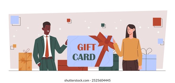 People with gift card. Man and woman near gift boxes. Special offer for regular customers. Coupon and voucher. Discounts and promotions. Flat vector illustration isolated on white background