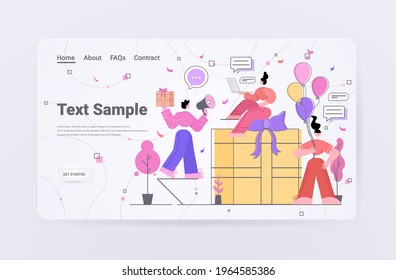 people with gifts and air balloons celebrating birthday party chat bubble communication concept horizontal