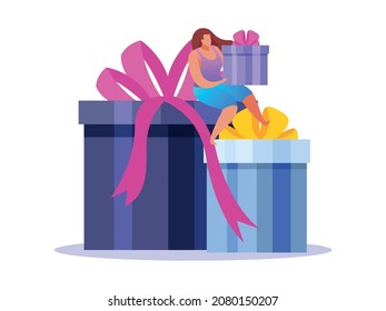 People with gifts composition with flat icons of colorful gift boxes with ribbons and small human characters vector illustration