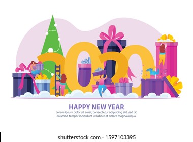 People with gifts flat background with editable text and composition of people presents in festive boxes vector illustration