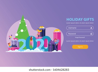 People with gifts flat background for website sign in page with doodle images and editable text vector illustration