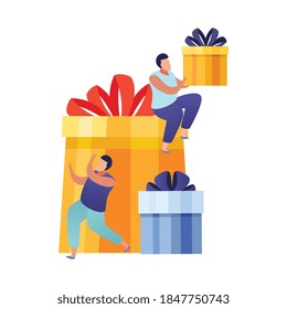 People with gifts flat composition with faceless characters holding boxes decorated with ribbons vector illustration