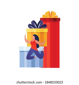 People with gifts flat composition with faceless character of woman jumping in front of her gifts vector illustration