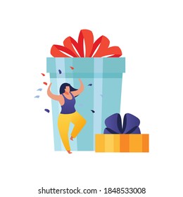 People with gifts flat composition with happy woman character with gift boxes and confetti vector illustration