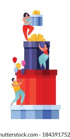 Menschen mit Geschenken mit flacher Komposition und menschlichen Charakteren, die bunte Kisten in einer Stapelvektorgrafik