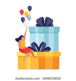 People with gifts flat composition with set of gift boxes and sitting woman with balloons vector illustration