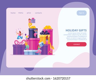 People with gifts flat web site background with composition of colourful gift boxes and clickable links vector illustration