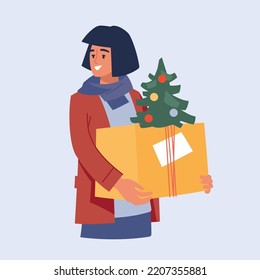 People with gifts. Girl with a gift box. Preparing for Christmas. Vector image.