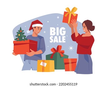 People with gifts. Girl and guy with a gift box. Christmas sale. Preparing for Christmas. Vector image.