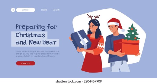 People with gifts. Girl and guy with a gift box. Preparing for Christmas. Vector image.