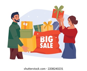 People with gifts. Girl and guy with a gift box. Christmas sale. Preparing for Christmas. Vector image.