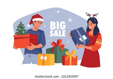 People with gifts. Girl and guy with a gift box. Christmas sale. Preparing for Christmas. Vector image.