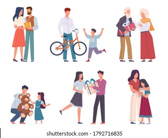 People with gifts. Happy persons give and receive wrapped with ribbons and bows gift, holiday event congratulate and surprise characters men, women and kids on party cartoon flat vector isolated set