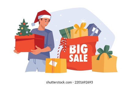 People with gifts. Man with a gift box  and gift bag. Christmas sale. Preparing for Christmas. Vector image.