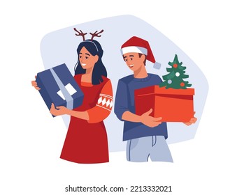 People with gifts. Preparing for the new year, Christmas. Vector image.