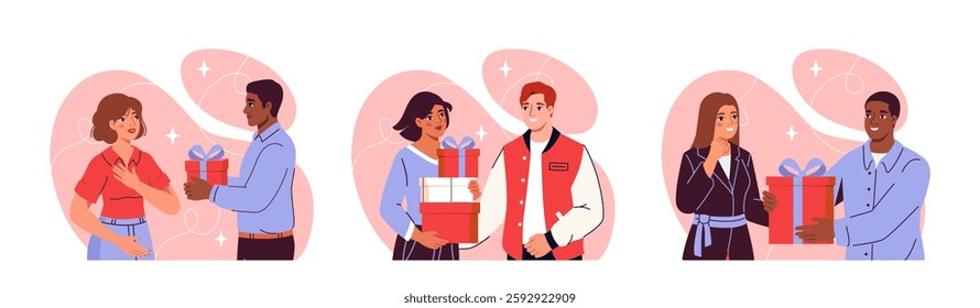 People with gifts set. Men and women with giftboxes. Presents and surprises. Friends celebrate New Year, Christmas, birthday or Valentines Day. Flat vector collection isolated on white background