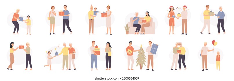 People With Gifts. Various Characters Give And Receive Gift, Romantic Surprise, Happy Persons Celebrating Holidays, Cartoon Vector Set. Birthday Or Christmas Box, Man And Woman Have Important Events